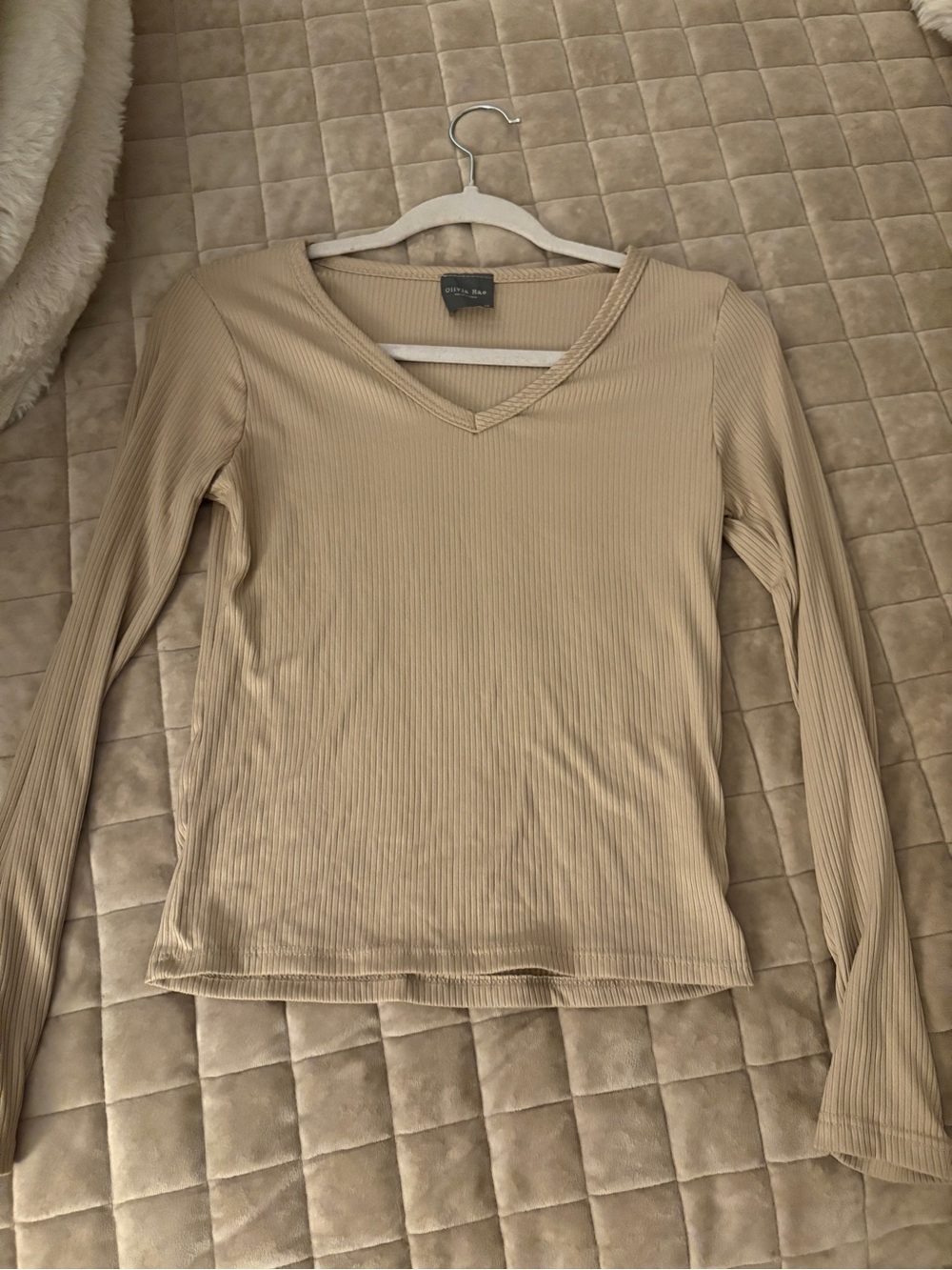 Brandy Melville Beige Ribbed V-Neck Long Sleeve Top